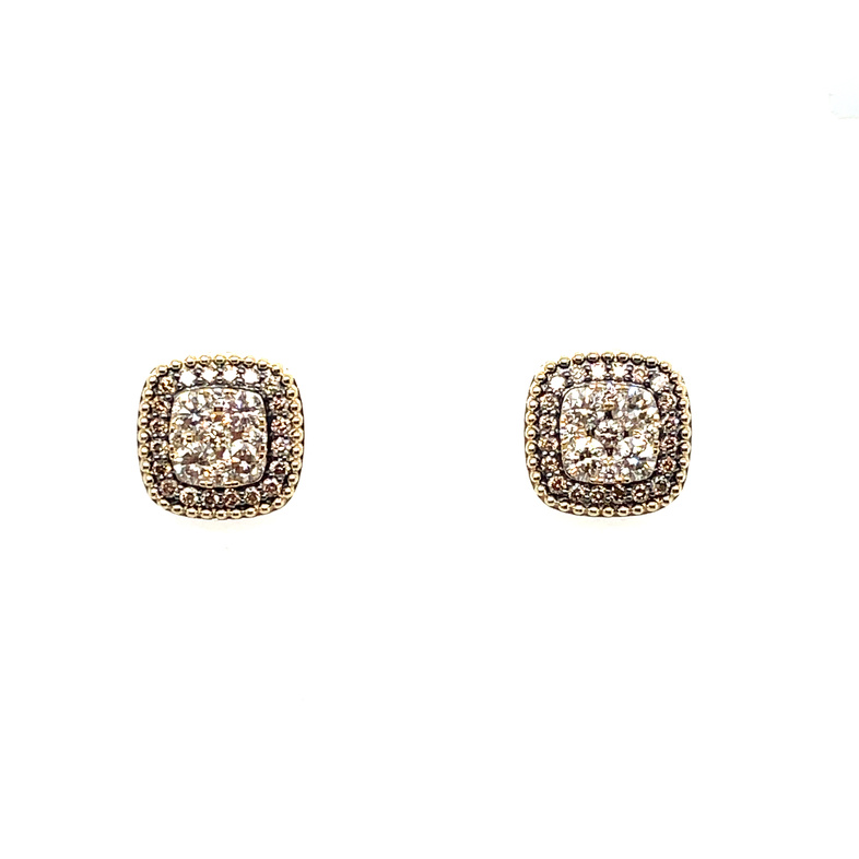 LE VIAN 1.06CTW CUSHION HALO STUD EARRINGS CONTAINING: 18 ROUND NUDE DIAMONDS CLUSTER CENTERS AND 40 ROUND CHOCOLATE DIAMONDS HALOS; 14KY